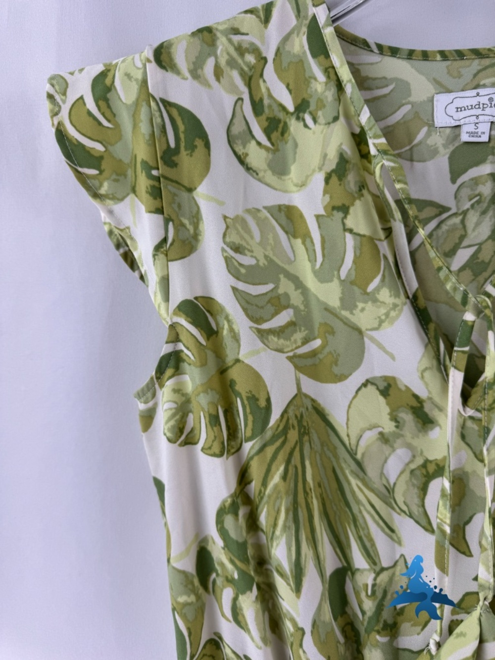 1309 Mud Pie Dress Sleeveless Ruffle Waist Tie Neck – S – Green White - Picture 3 of 16